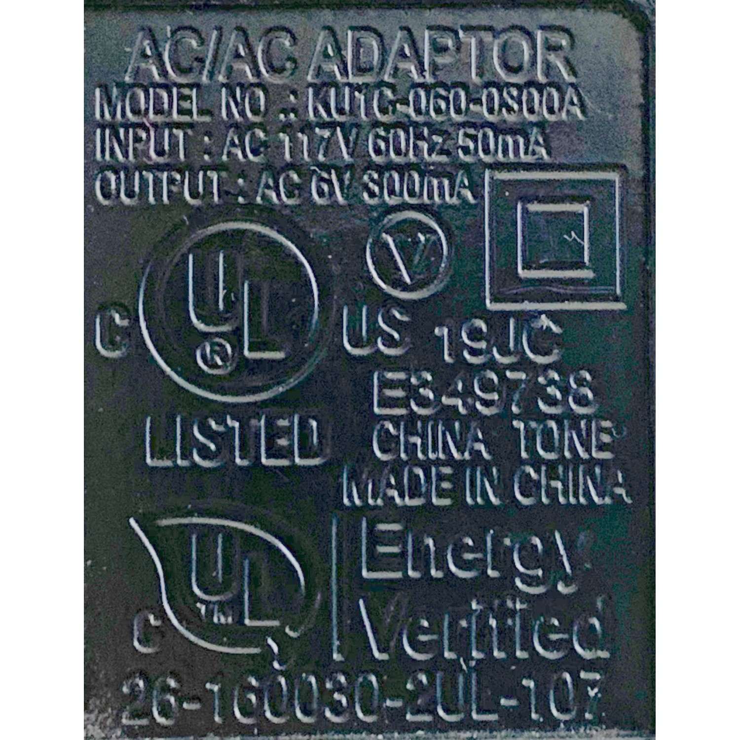 CARGADOR / ADAPTADOR DE FUENTE DE ALIMENTACION AC/AC / NUMERO DE PARTE KU1C-060-0300A / E349738 / 19JC / ENTRADA VCA 117V 60HZ 50MA / SALIDA VCD 6V 300MA / MODELO KU1C-060-0300A - Imagen 2